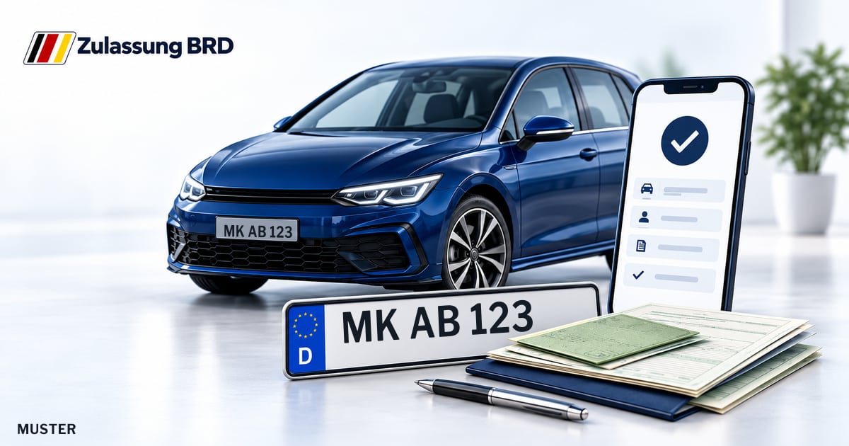 Online Fahrzeugzulassung in Meinerzhagen: Musterkennzeichen MK AB 123, Auto und Fahrzeugpapiere und Smartphone. Illustration mit Logo von Zulassung BRD.